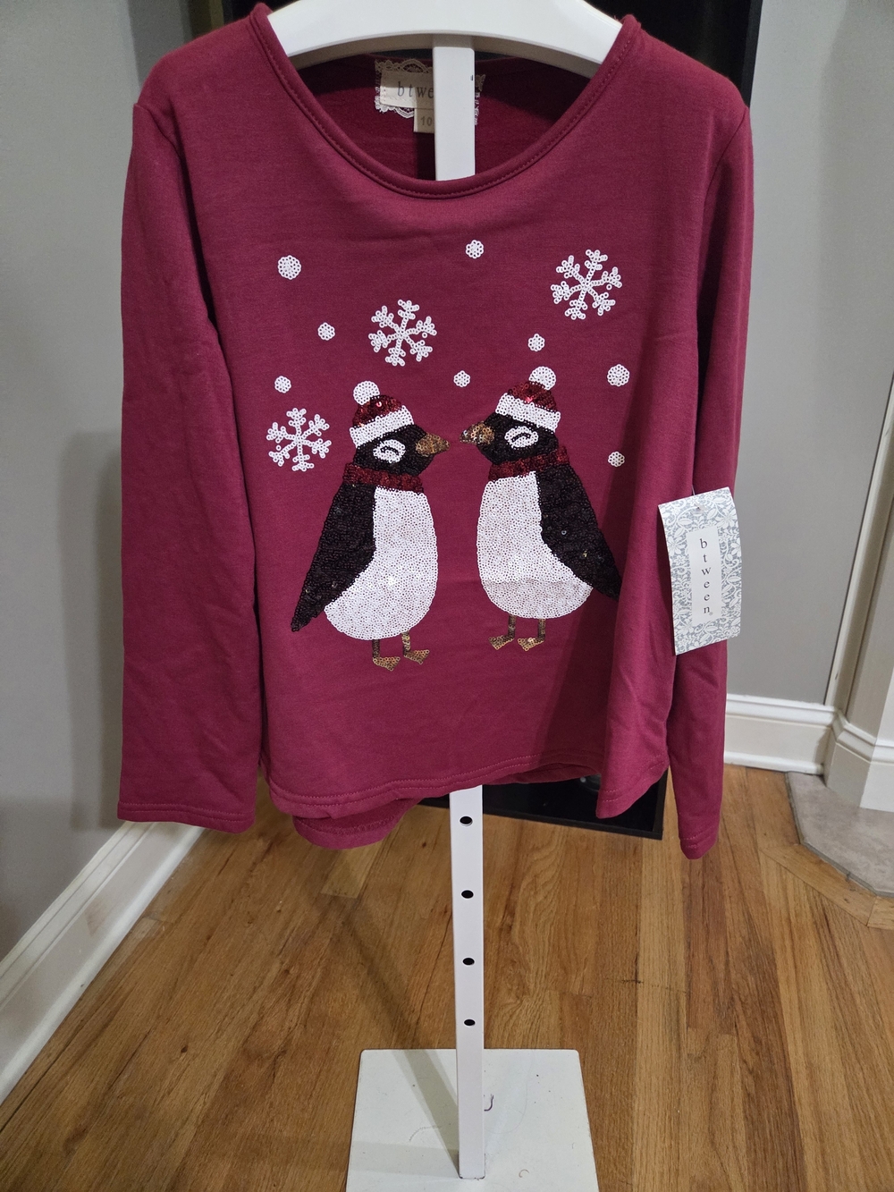 btween Burgundy Long-Sleeve Top with Sequin Penguins